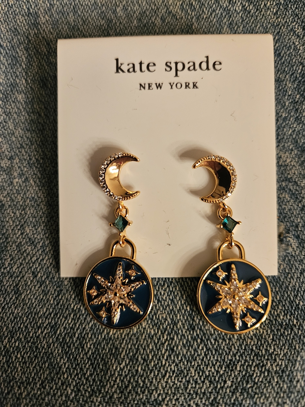 kate spade gold-tone celestial drop earrings with navy and teal accents